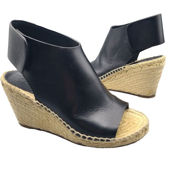 CELINE Women Sandals Black Leather Open-Toe Espadrille Wedge High Heel Sz 6 36 - Picture 1 of 11